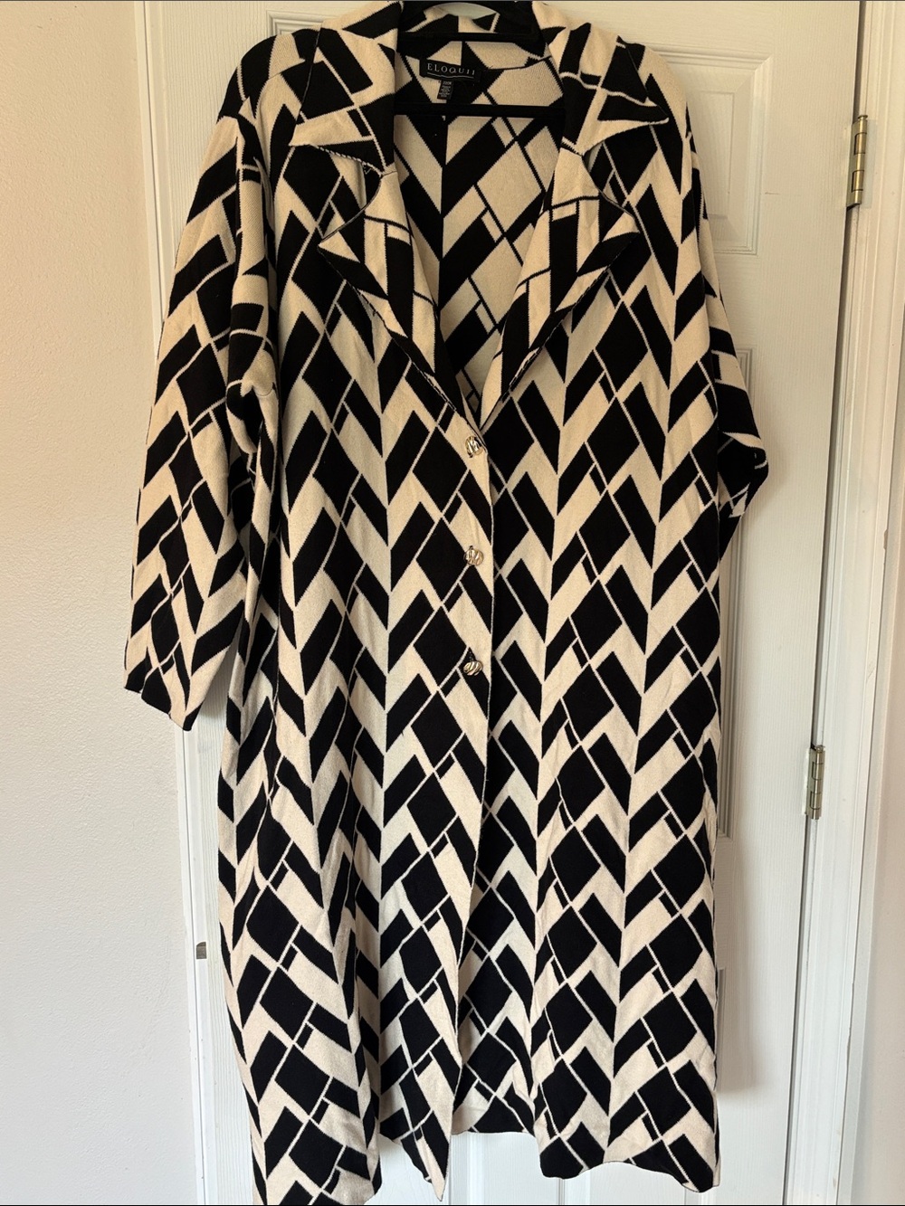Eloquii Black & White Geometric Button-Front Long Knit Sweater Duster Coat 22/24